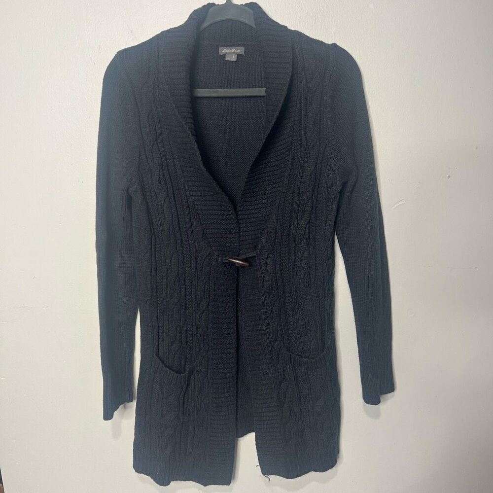 Eddie Bauer Charcoal Gray Black Toggle Button Open Long Cardigan Sz S